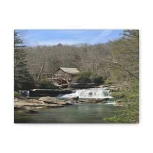 Historic Mill by the Falls: Watermill Landscape, Cascading Water Scene, Early American Industrial Heritage Art Canvas Wall Art