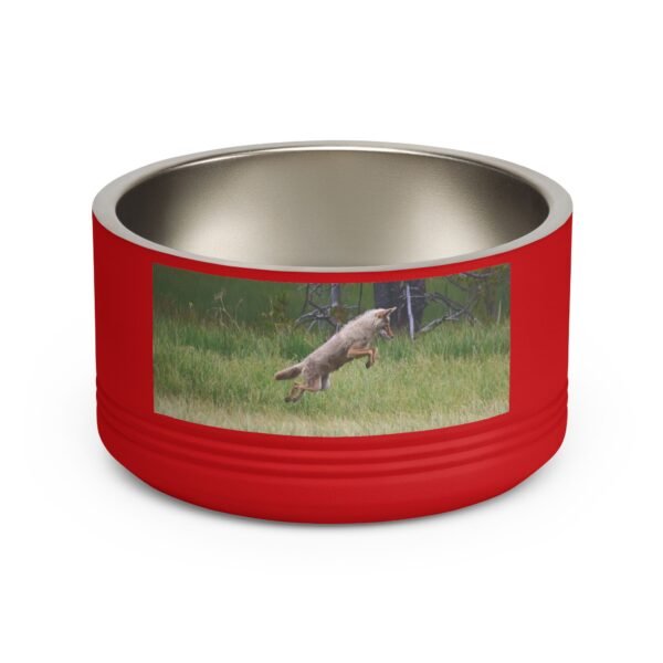 Wraparound wildlife art of a coyote and prairie dog on a double-wall insulated pet bowl.
