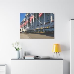 Michigan Grand Hotel Mackinac Island Canvas: Historic White Neoclassical Architecture, Patriotic American Flags Wall Art