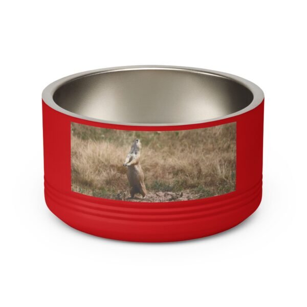 Detail view of the durable powder-coated finish and wildlife design on a stainless steel pet bowl.