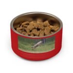 Stainless steel pet bowl featuring original wildlife photography of a coyote and prairie dog in a meadow by Nevin and Denise.