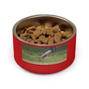Stainless steel pet bowl featuring original wildlife photography of a coyote and prairie dog in a meadow by Nevin and Denise.
