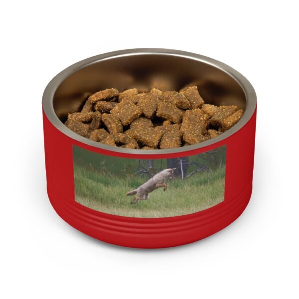 Stainless steel pet bowl featuring original wildlife photography of a coyote and prairie dog in a meadow by Nevin and Denise.