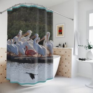 Texas Port A Pelican & Lone Flamingo Shower Curtain - Coastal Wildlife Bathroom Decor