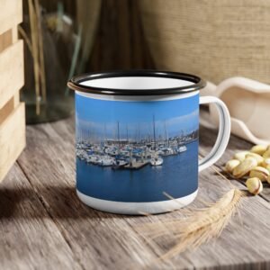 California Dana Point Enamel Camp Cup — Coastal Marina Photo Mug, Sailboat Harbor Camping Cup