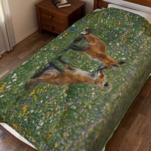 Foxes in Love Velveteen Plush Blanket — Two Foxes Nose-to-Nose in Wildflower Field