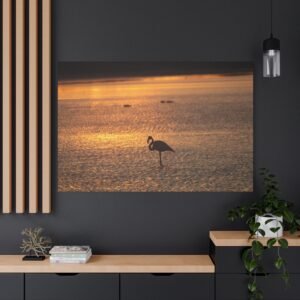 Golden Hour Grace Canvas: Flamingo Silhouette in Shallow Waters, Wildlife Photography at Sunset Wall Art